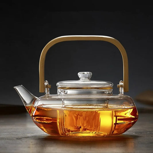 Glass Teapot Heat-Resistant Borosilicate   Boiling  Thickened Bamboo Handle  Household Tea Set WF