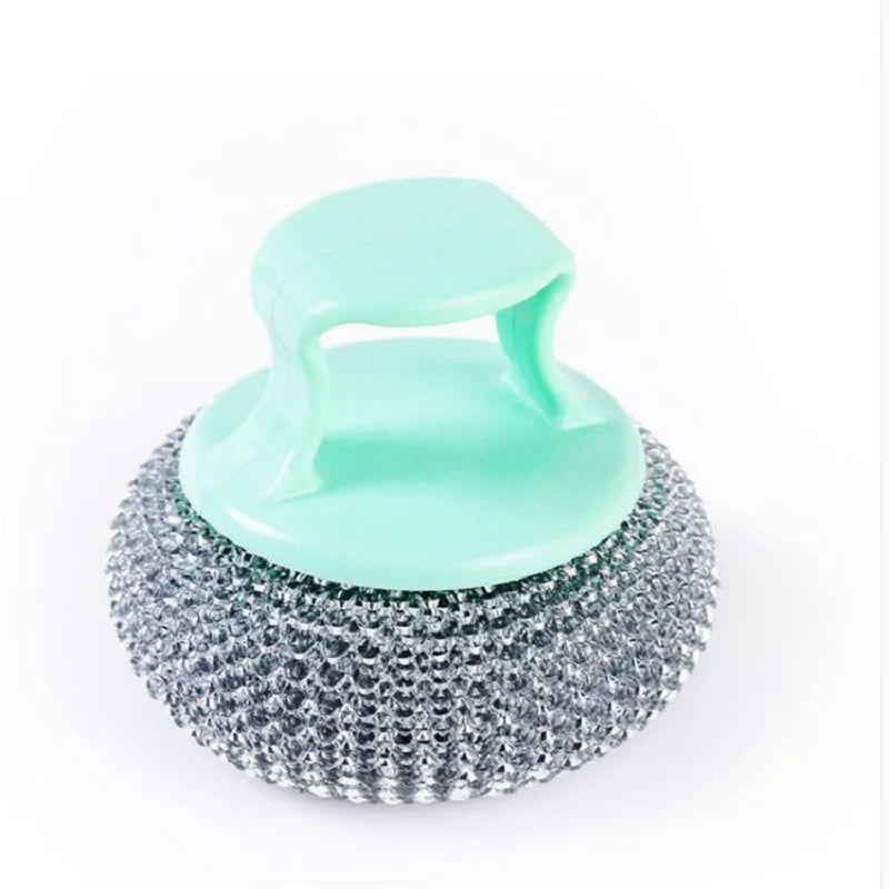 Stainless Scrubber Dish Kitchen Sponge Pads Brush Cleaning Metal Wool Handle Scouring Sponges Pot Scrubbing Scrub