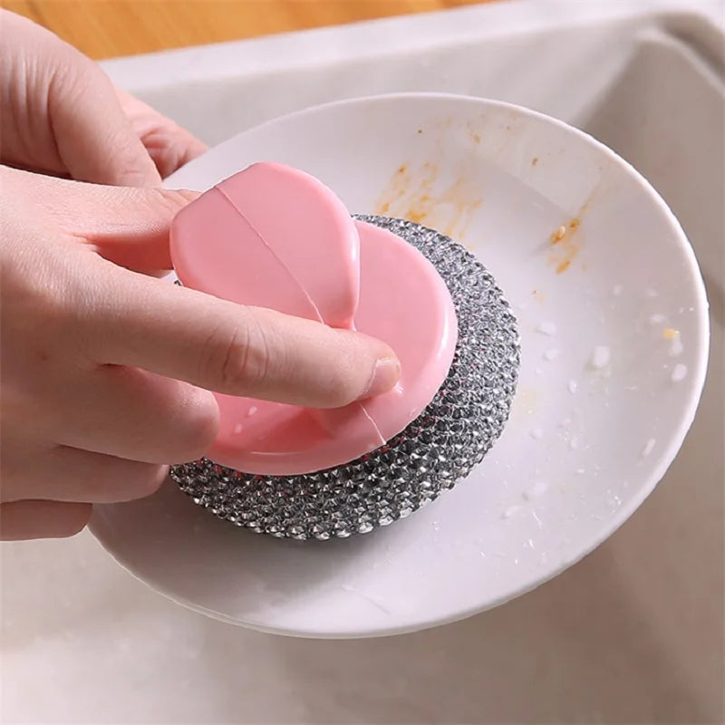 Stainless Scrubber Dish Kitchen Sponge Pads Brush Cleaning Metal Wool Handle Scouring Sponges Pot Scrubbing Scrub