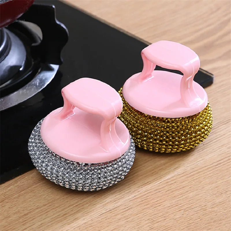 Stainless Scrubber Dish Kitchen Sponge Pads Brush Cleaning Metal Wool Handle Scouring Sponges Pot Scrubbing Scrub