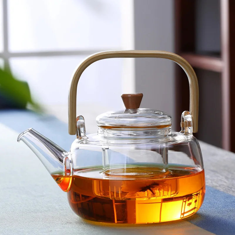 Glass Teapot Heat-Resistant Borosilicate   Boiling  Thickened Bamboo Handle  Household Tea Set WF