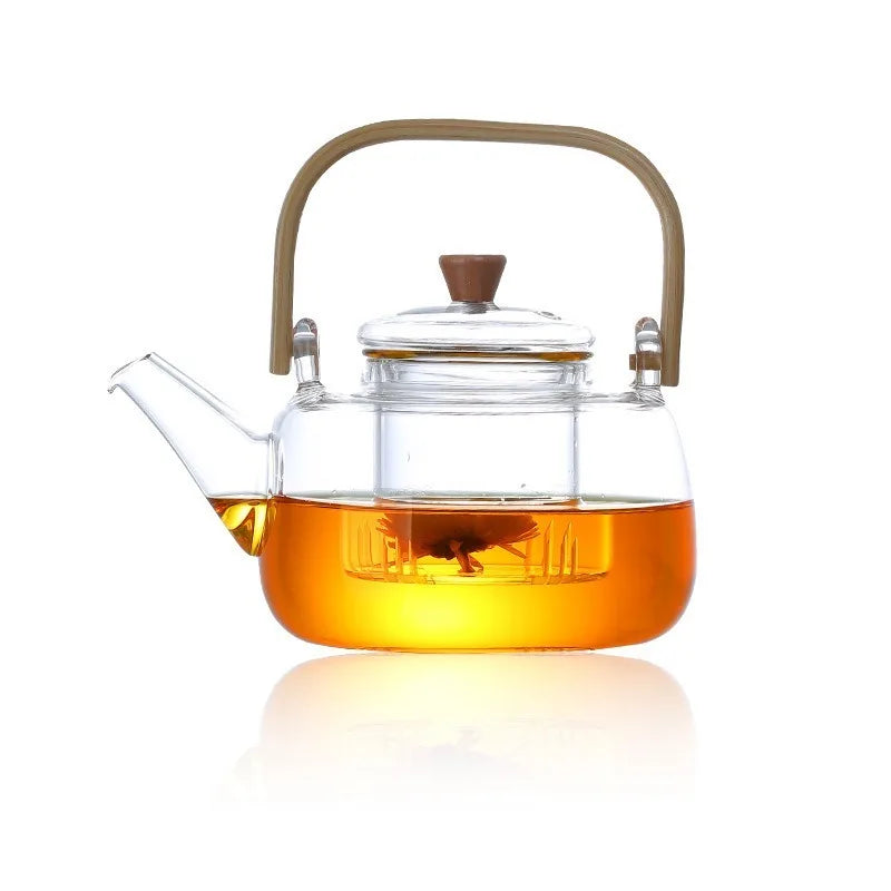 Glass Teapot Heat-Resistant Borosilicate   Boiling  Thickened Bamboo Handle  Household Tea Set WF