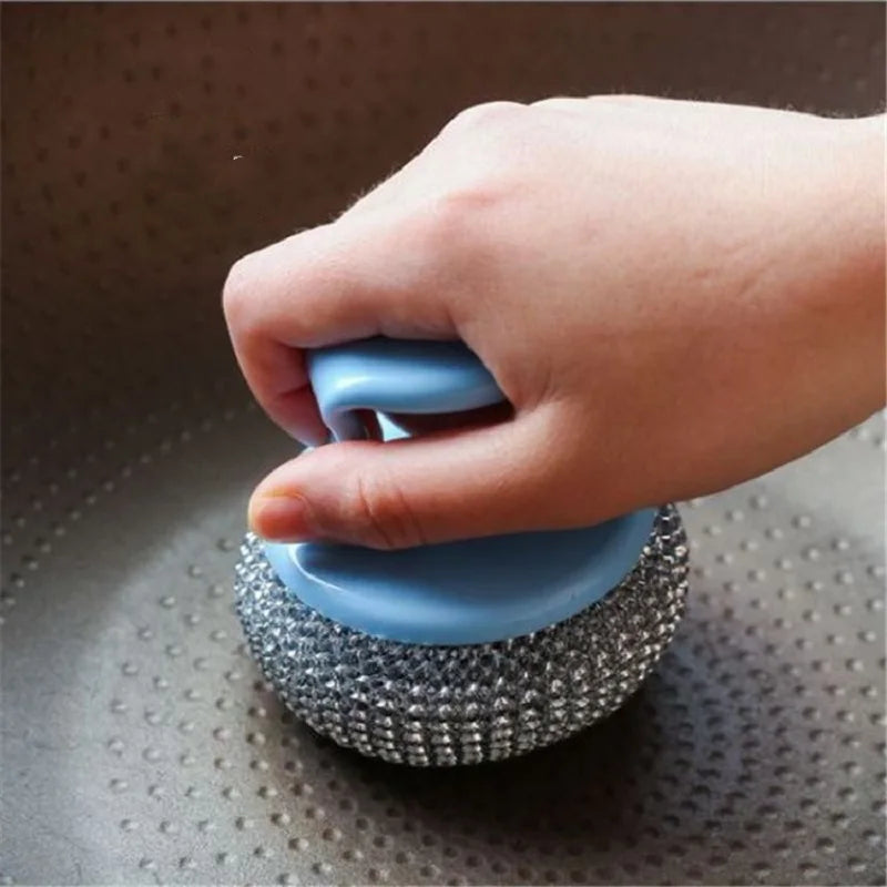 Stainless Scrubber Dish Kitchen Sponge Pads Brush Cleaning Metal Wool Handle Scouring Sponges Pot Scrubbing Scrub