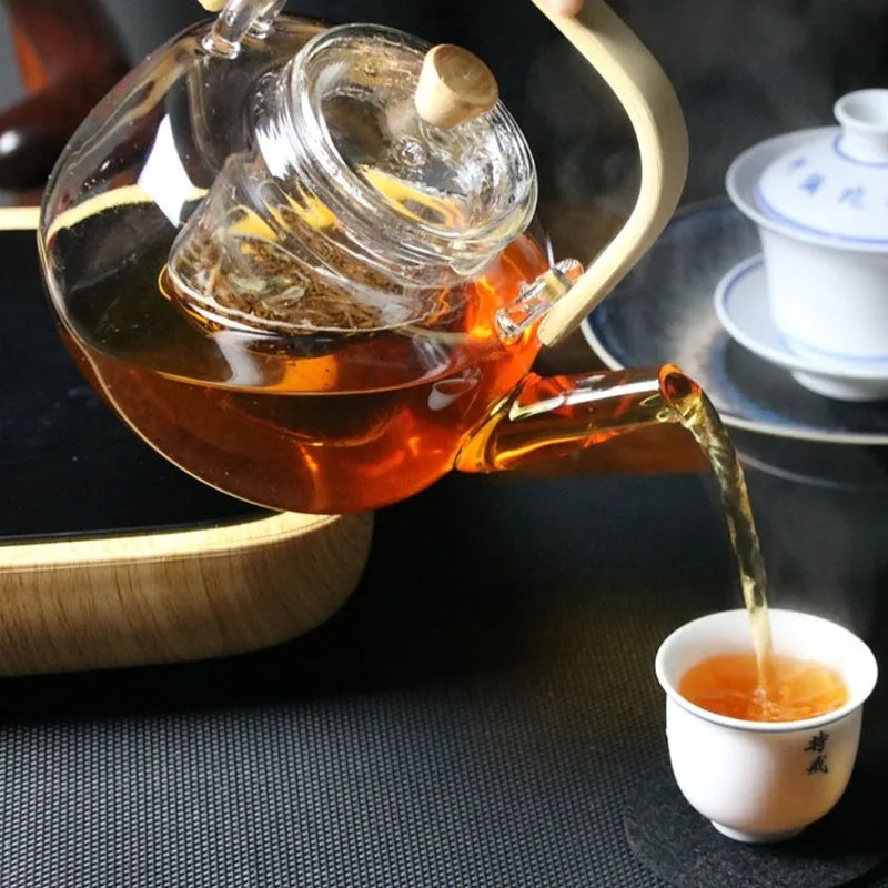 Glass Teapot Heat-Resistant Borosilicate   Boiling  Thickened Bamboo Handle  Household Tea Set WF