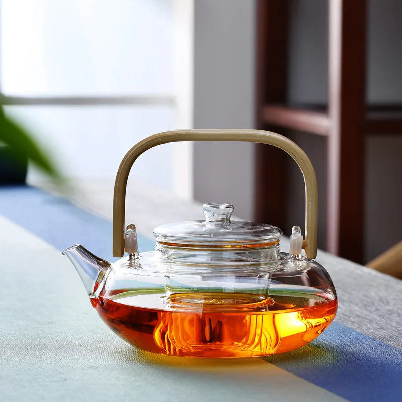 Glass Teapot Heat-Resistant Borosilicate   Boiling  Thickened Bamboo Handle  Household Tea Set WF